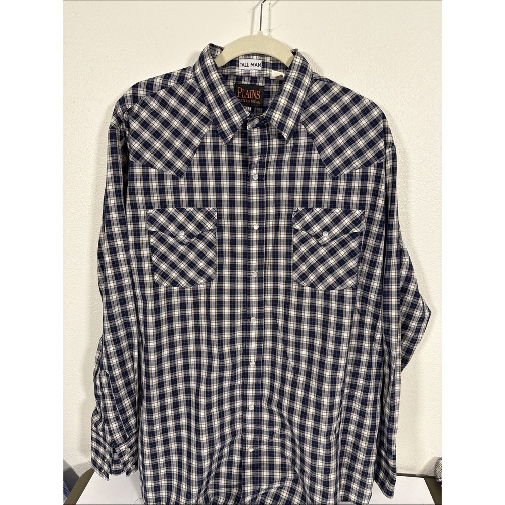Plains Western Wear Pearl‎ Snap Shirt L/S  XLT Tall Mens Blue Plaid G1